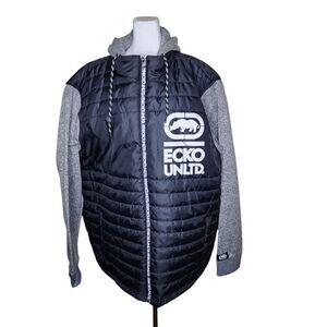 Ecko Unltd Lined Hybrid Puffer Jacket Hooded Mens Size 3XL Black Gray